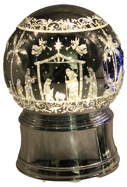 Light up white nativity scene globe with frosted glass, silver base, and illuminated nativity silhouette