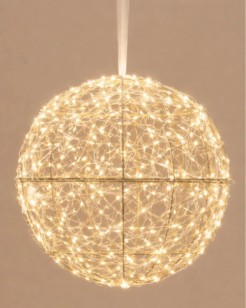 Light-up wire sphere hanging decoration with warm white lights and ribbon hanger