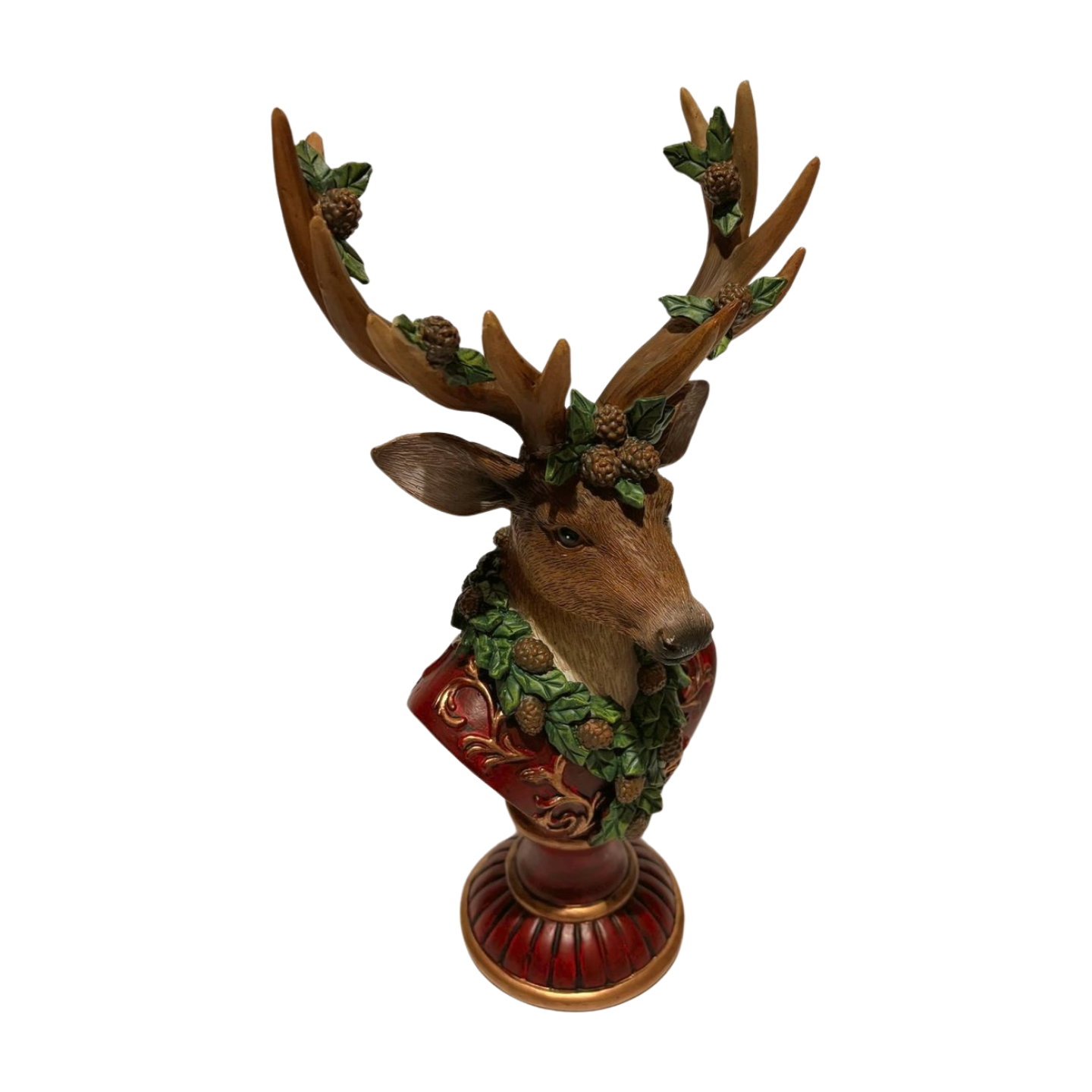 Majestic Reindeer Bust Figurine with Pinecone Garland