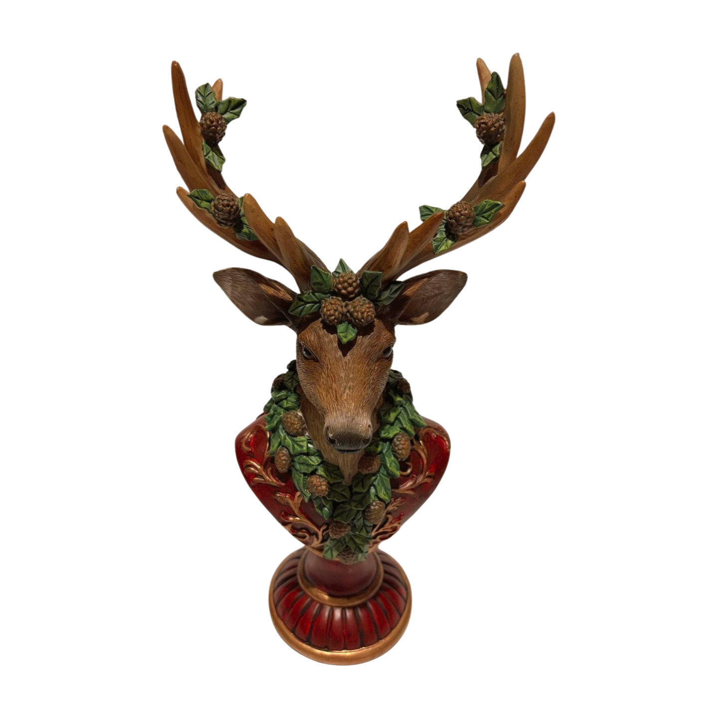 Majestic Reindeer Bust Figurine with Pinecone Garland