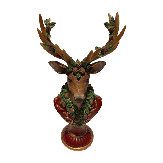Majestic Reindeer Bust Figurine with Pinecone Garland