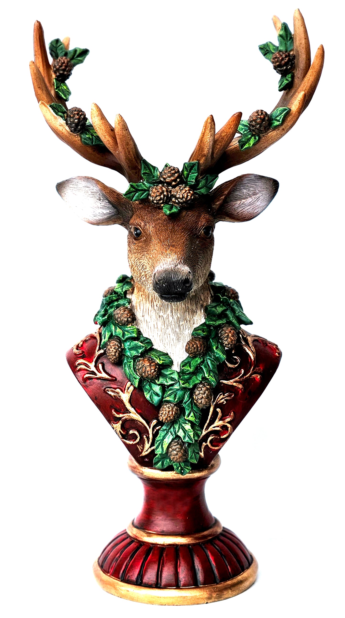 Majestic reindeer bust figurine with pinecone garland and red base