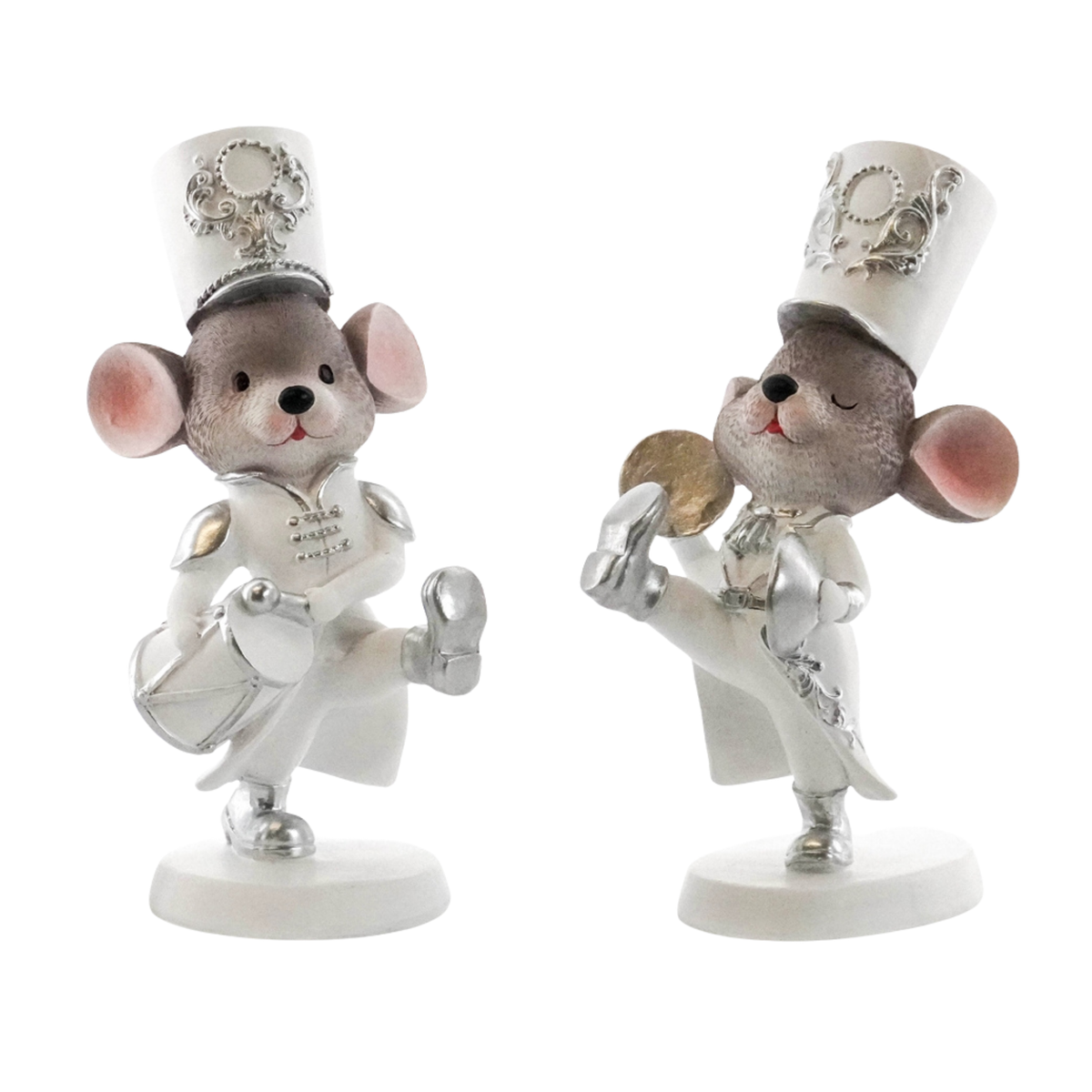 Two marching mouse figurines in white and silver band uniforms — one playing a drum, one playing a cymbal