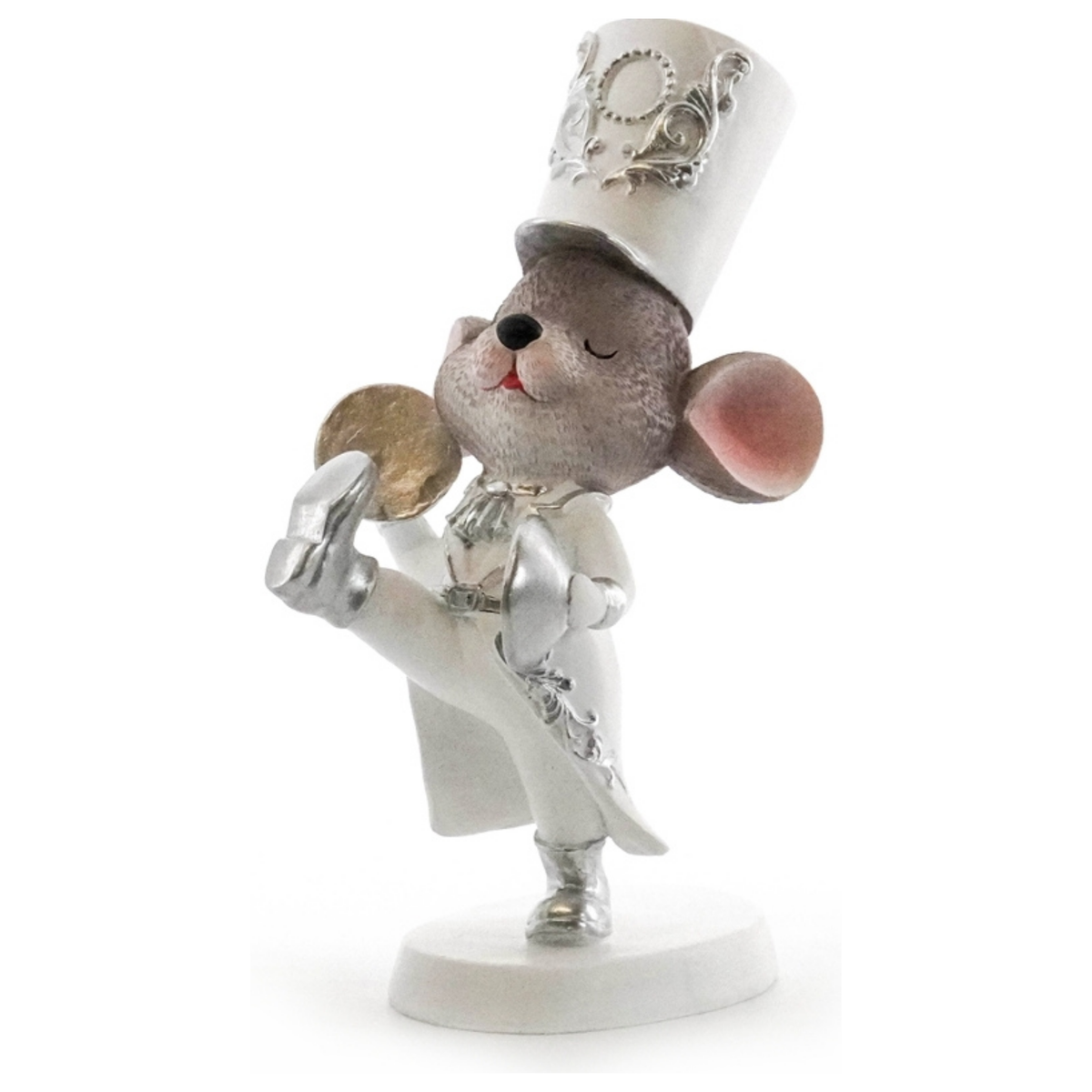 Marching mouse figurine in a white and silver band uniform with a tall ceremonial hat, playing a cymbal with one leg raised