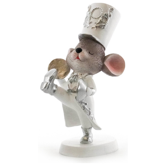 Marching mouse figurine in a white and silver band uniform with a tall ceremonial hat, playing a cymbal with one leg raised