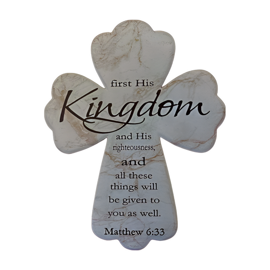 White marble-effect ceramic cross plaque with Matthew 6:33 scripture verse in dark script