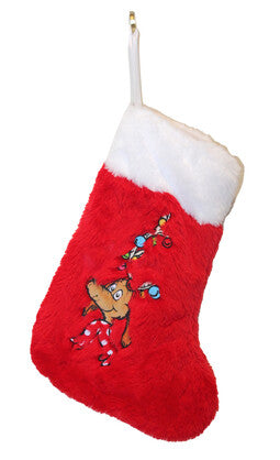 Red plush Christmas stocking with white cuff featuring Max the dog wearing a reindeer antler decorated with colourful lights