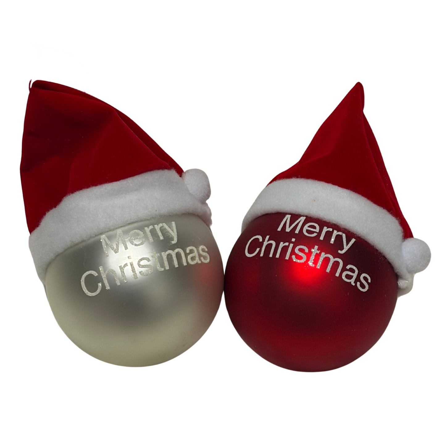 Two Christmas ornaments with Santa hats and 'Merry Christmas' text on a white background