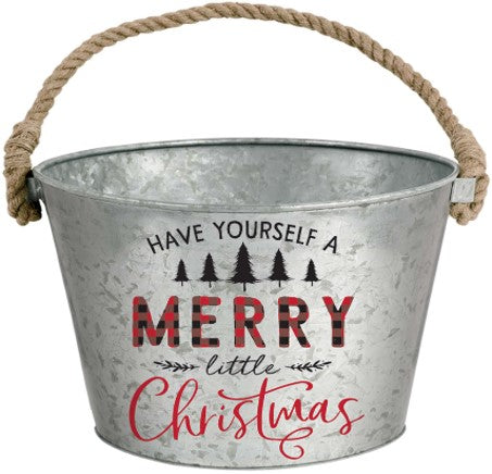 round metal bucket with a rope handle and "have yourself a merry little Christmas" written on the front