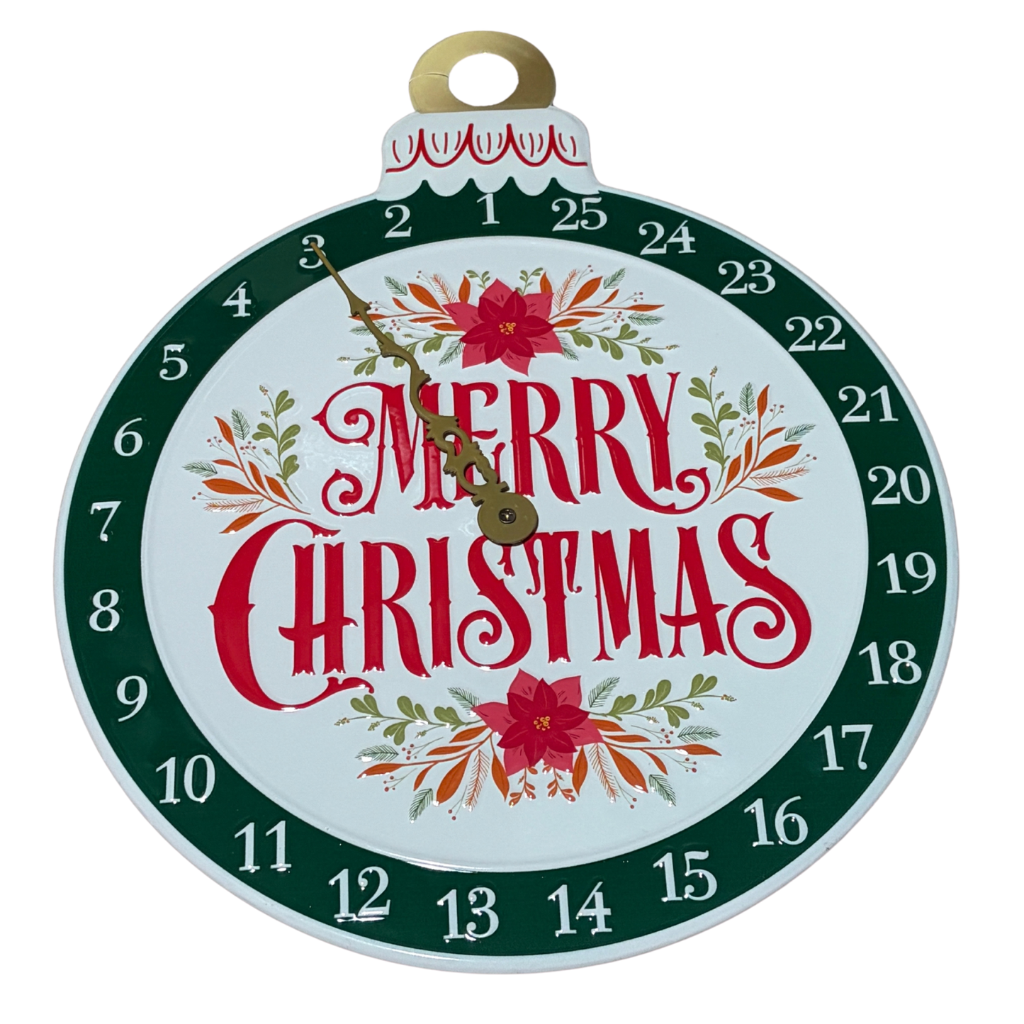 Round Merry Christmas countdown sign shaped like a Christmas ornament with numbers 1 to 25 and a rotating hand