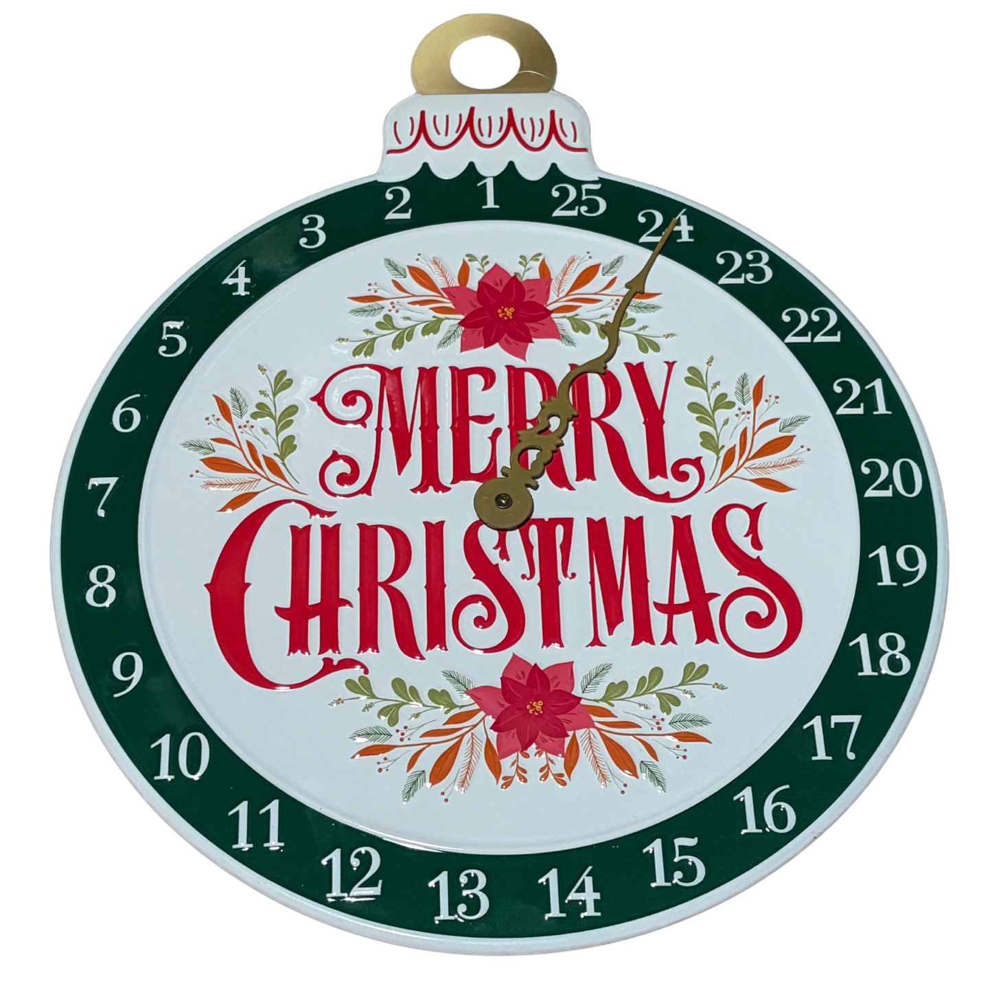 Round Merry Christmas countdown sign shaped like a Christmas ornament with numbers 1 to 25 and a rotating hand