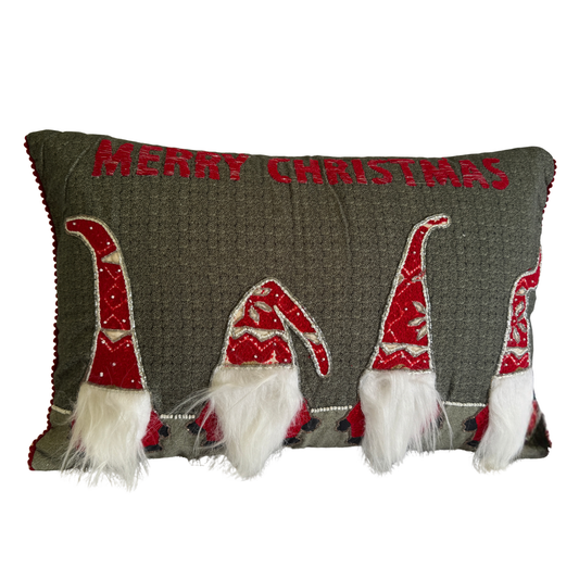 “Merry Christmas” cushion with red-hat gnomes and faux fur beards on grey fabric