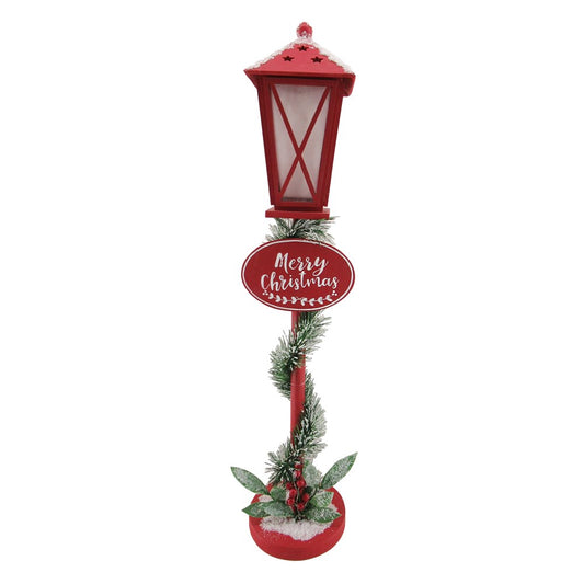 Red LED lamp post with Merry Christmas sign, frosted garland and berry base Christmas decoration