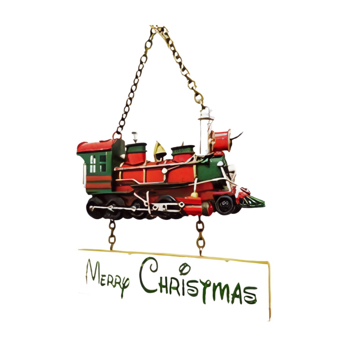 Left angle metal sign featuring a red and green train above a cream plaque with green “Merry Christmas” text hanging from a gold chain