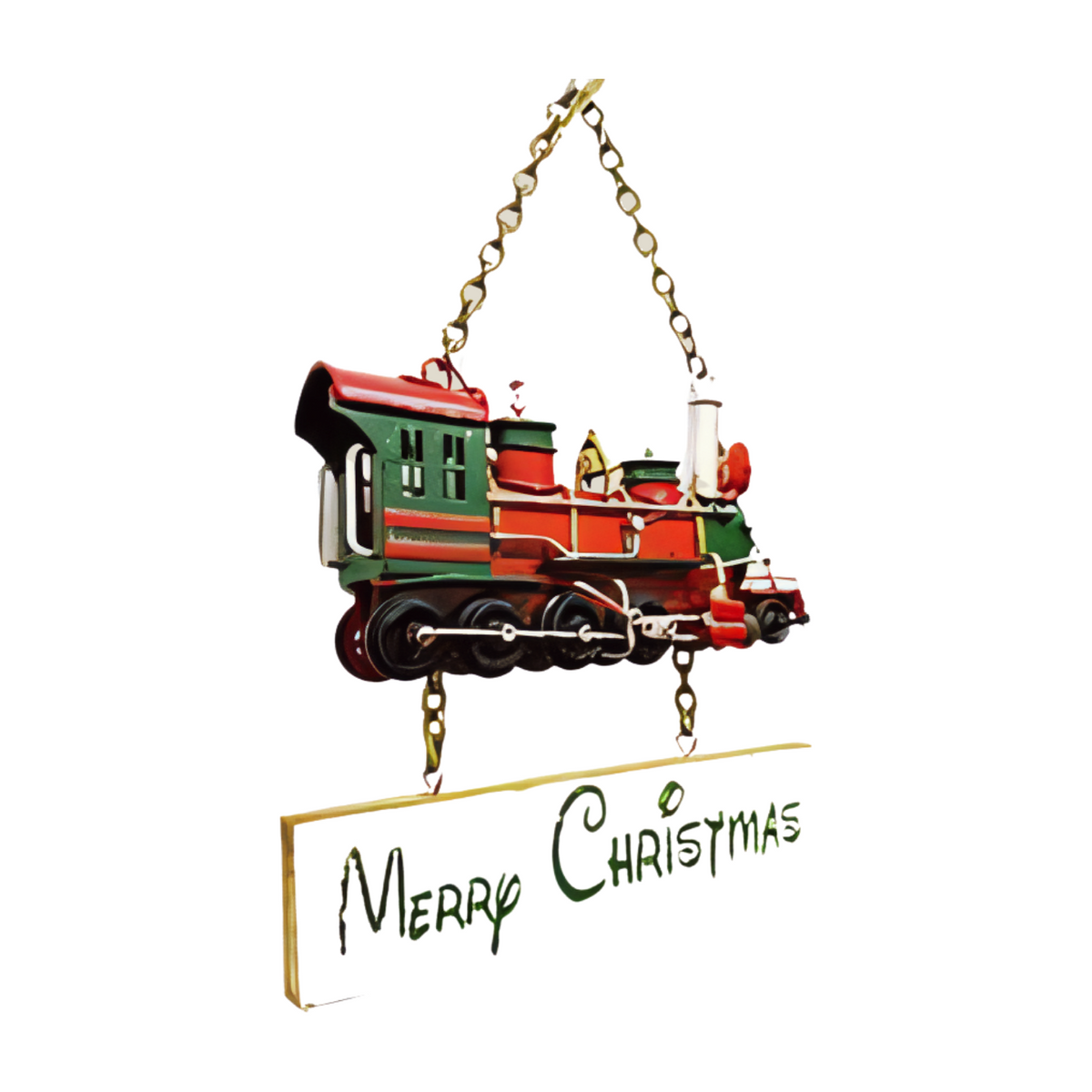 Right angle metal sign featuring a red and green train above a cream plaque with green “Merry Christmas” text hanging from a gold chain