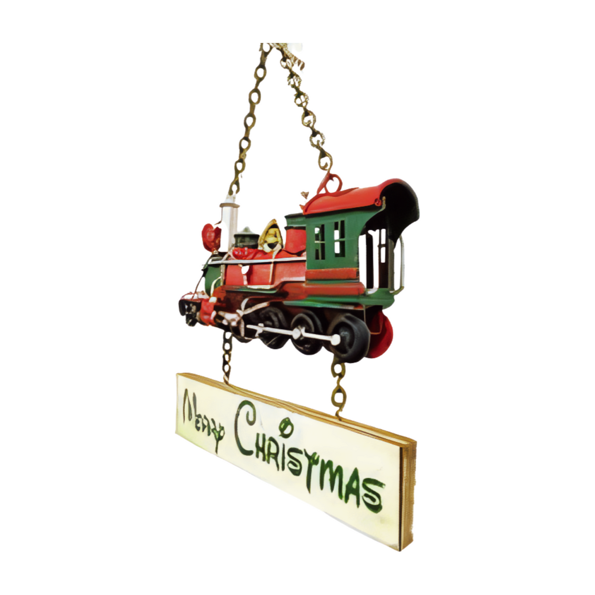 Left view metal sign featuring a red and green train above a cream plaque with green “Merry Christmas” text hanging from a gold chain
