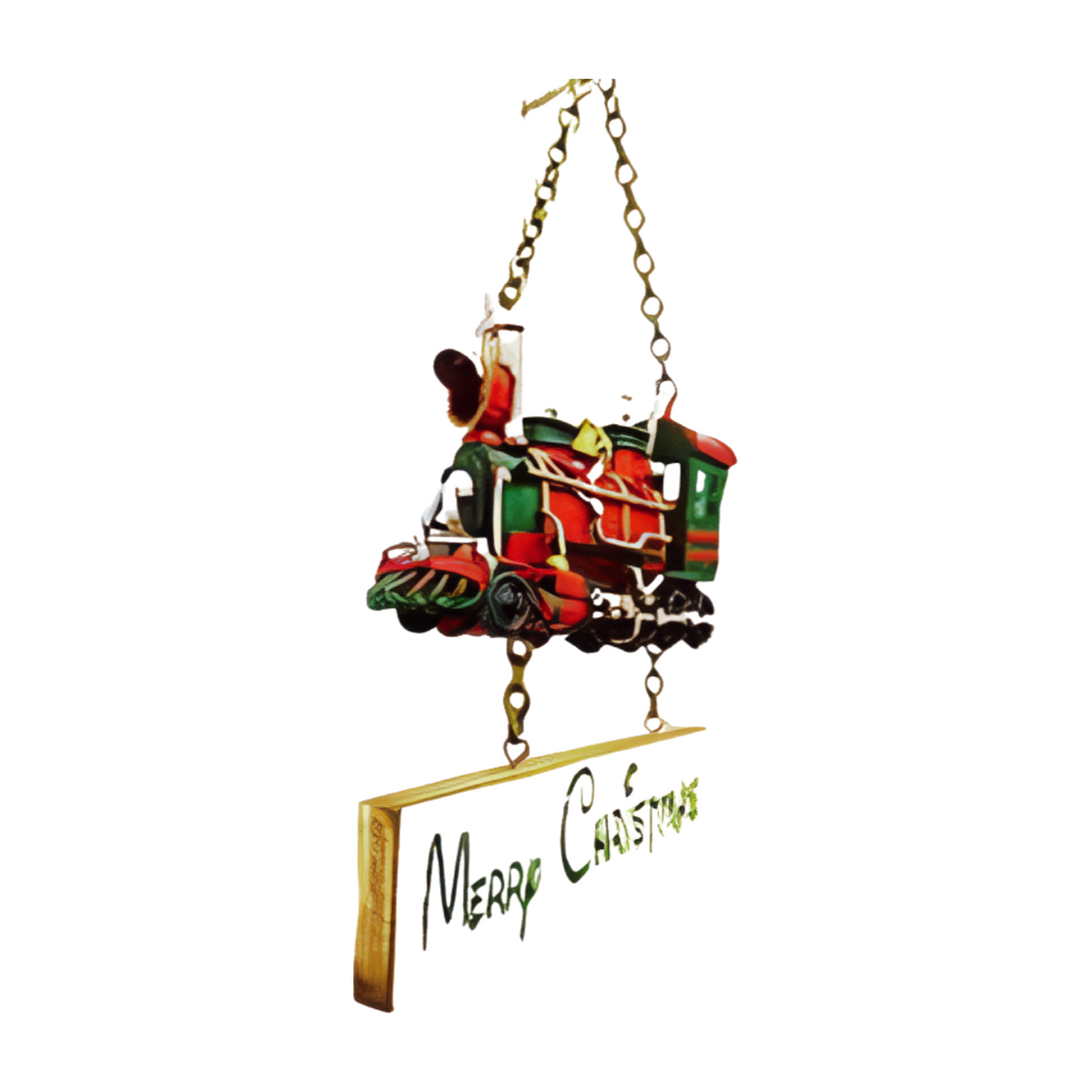 Right view metal sign featuring a red and green train above a cream plaque with green “Merry Christmas” text hanging from a gold chain