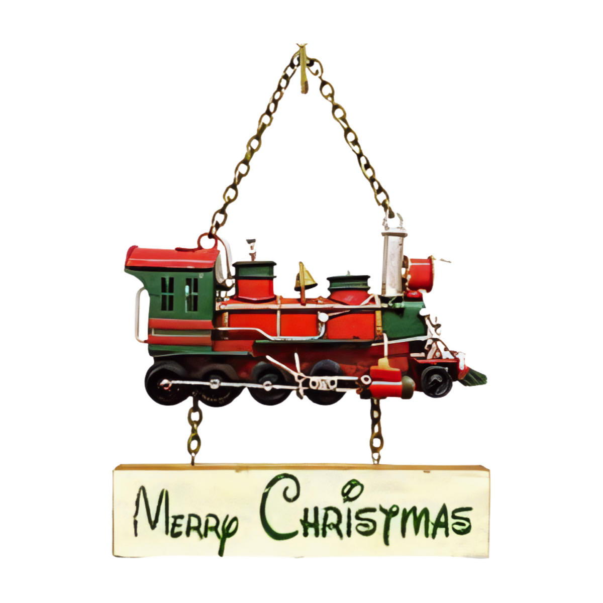Metal sign featuring a red and green train above a cream plaque with green “Merry Christmas” text hanging from a gold chain