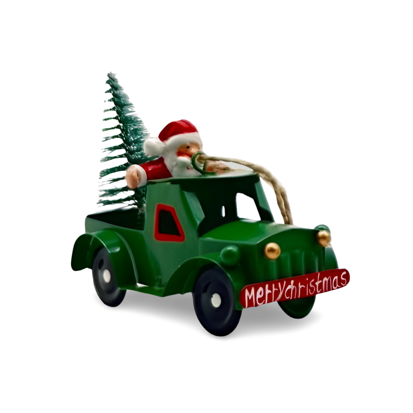 Two metal Christmas car ornaments, one green with Santa and one white with a snowman, each carrying a Christmas tree and a “Merry Christmas” sign on the front.