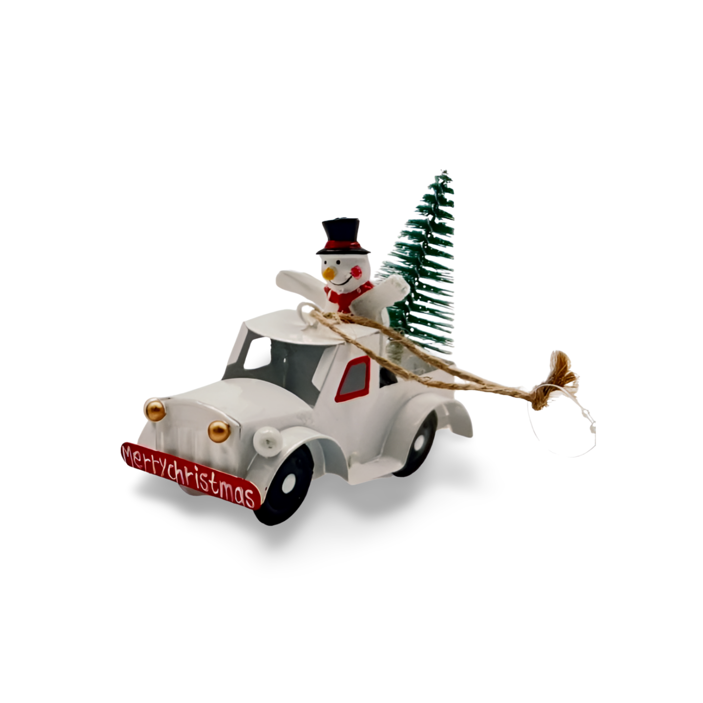 Two metal Christmas car ornaments, one green with Santa and one white with a snowman, each carrying a Christmas tree and a “Merry Christmas” sign on the front.