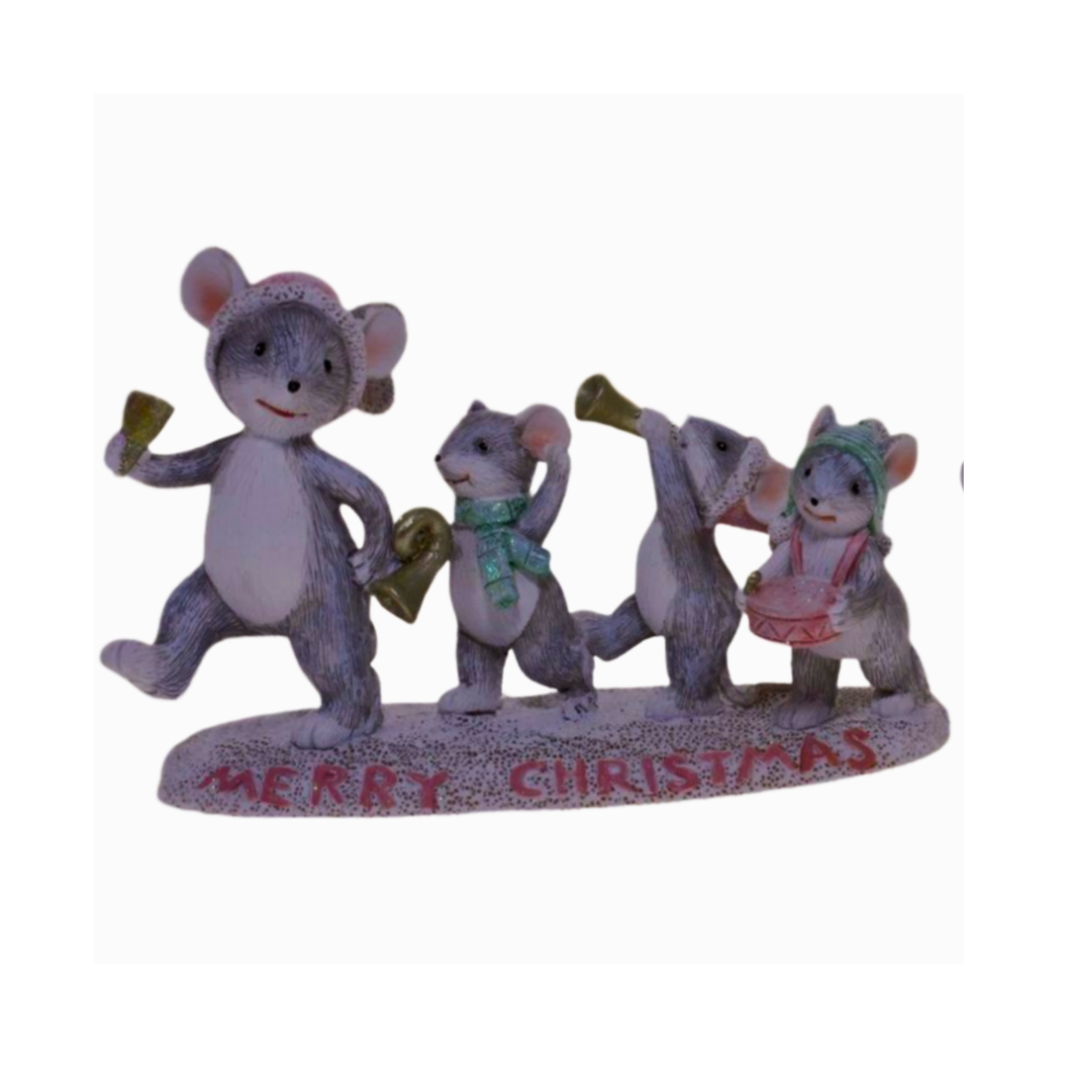 Four mice marching band Christmas figurine playing instruments on a Merry Christmas base
