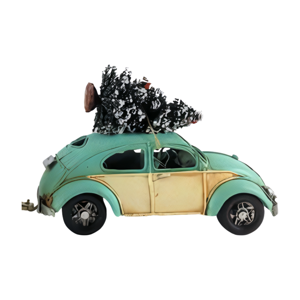 Mint green and cream vintage-style car with a snow-dusted Christmas tree tied to the roof
