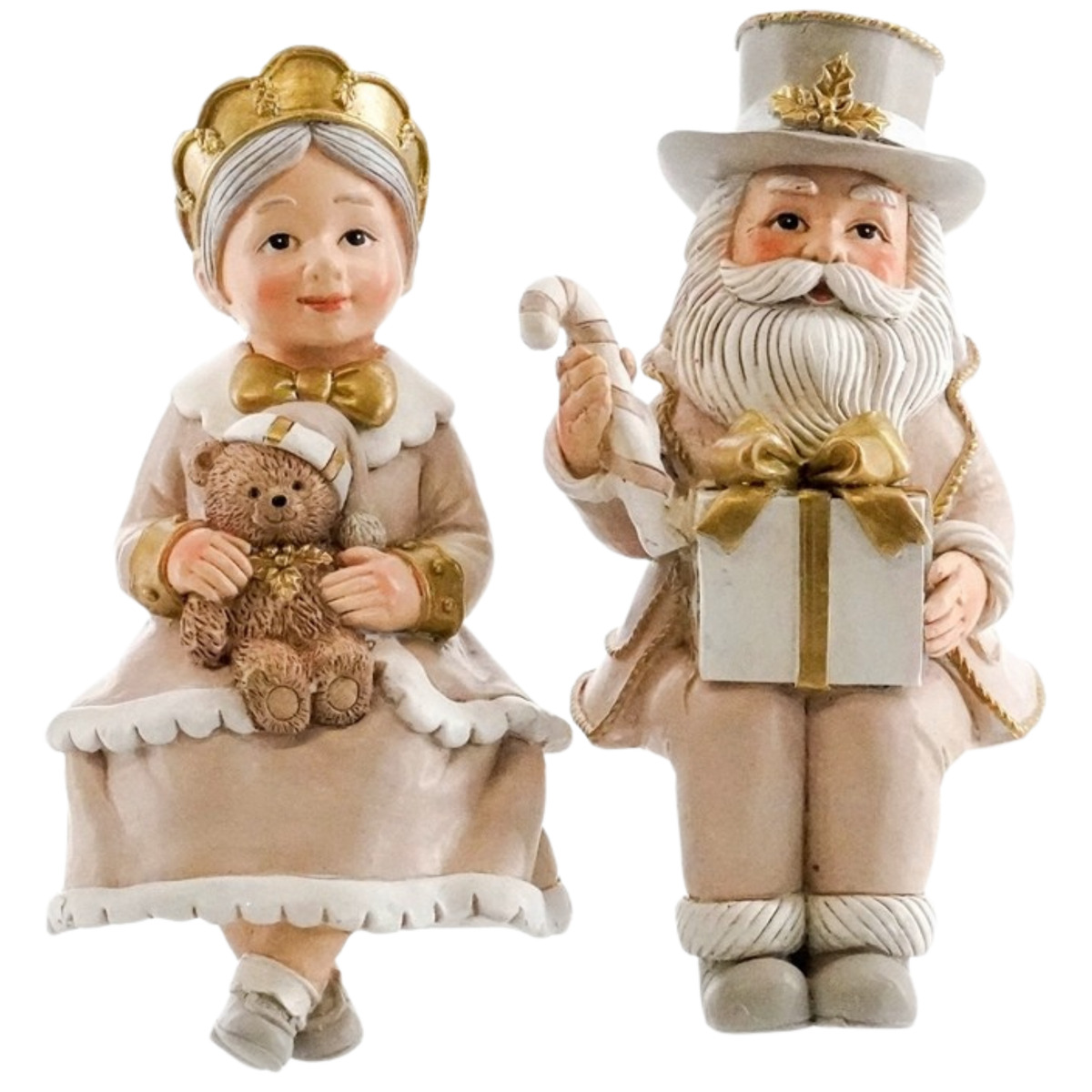 Mr and Mrs Claus antique ivory shelf sitter pair with gold crown, teddy bear, candy cane and gift