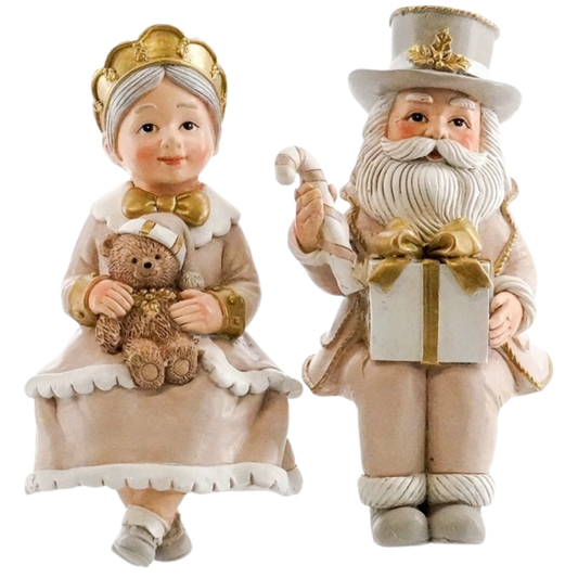 Mr and Mrs Claus antique ivory shelf sitter pair with gold crown, teddy bear, candy cane and gift