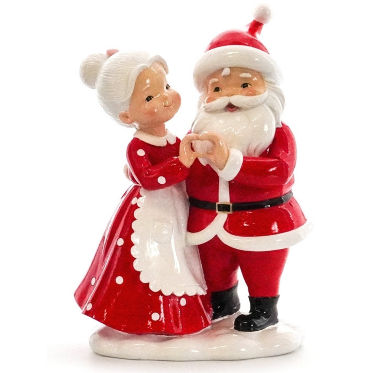 Polished resin Mr and Mrs Claus decoration holding hands in a heart shape on a snowy base