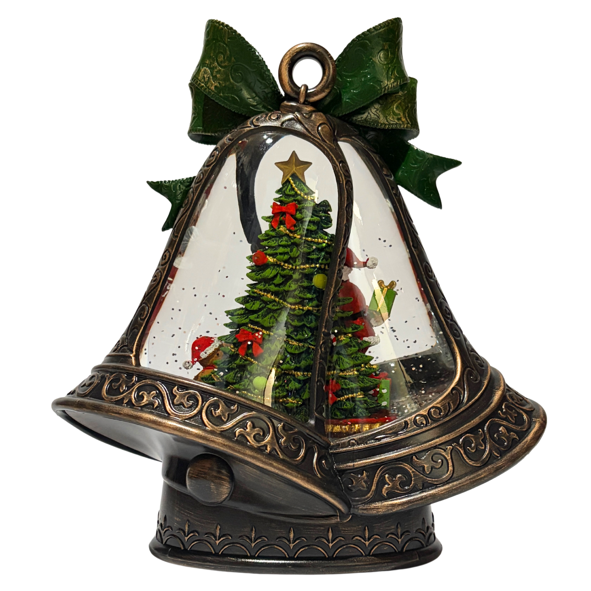 Light up bell snow globe featuring Santa and Mrs Claus with Christmas tree and green bow