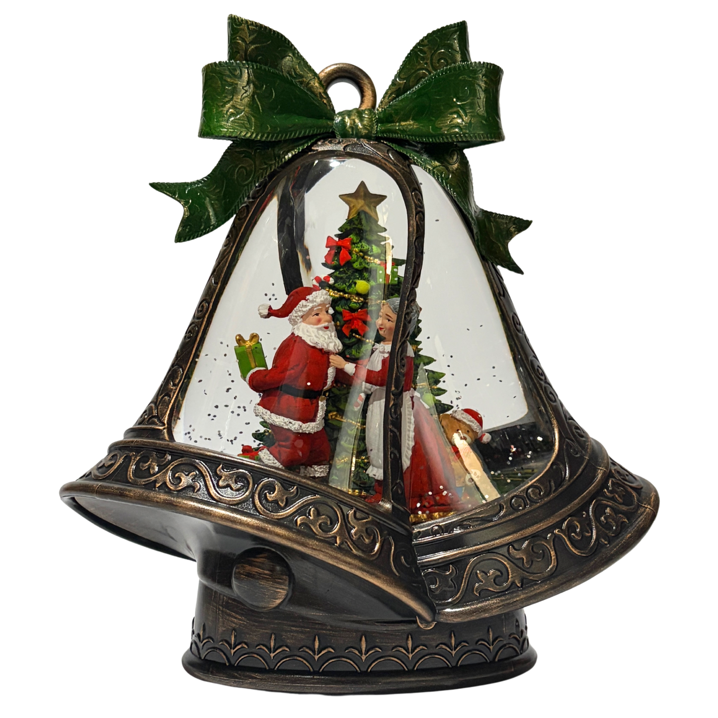 Light up bell snow globe featuring Santa and Mrs Claus with Christmas tree and green bow