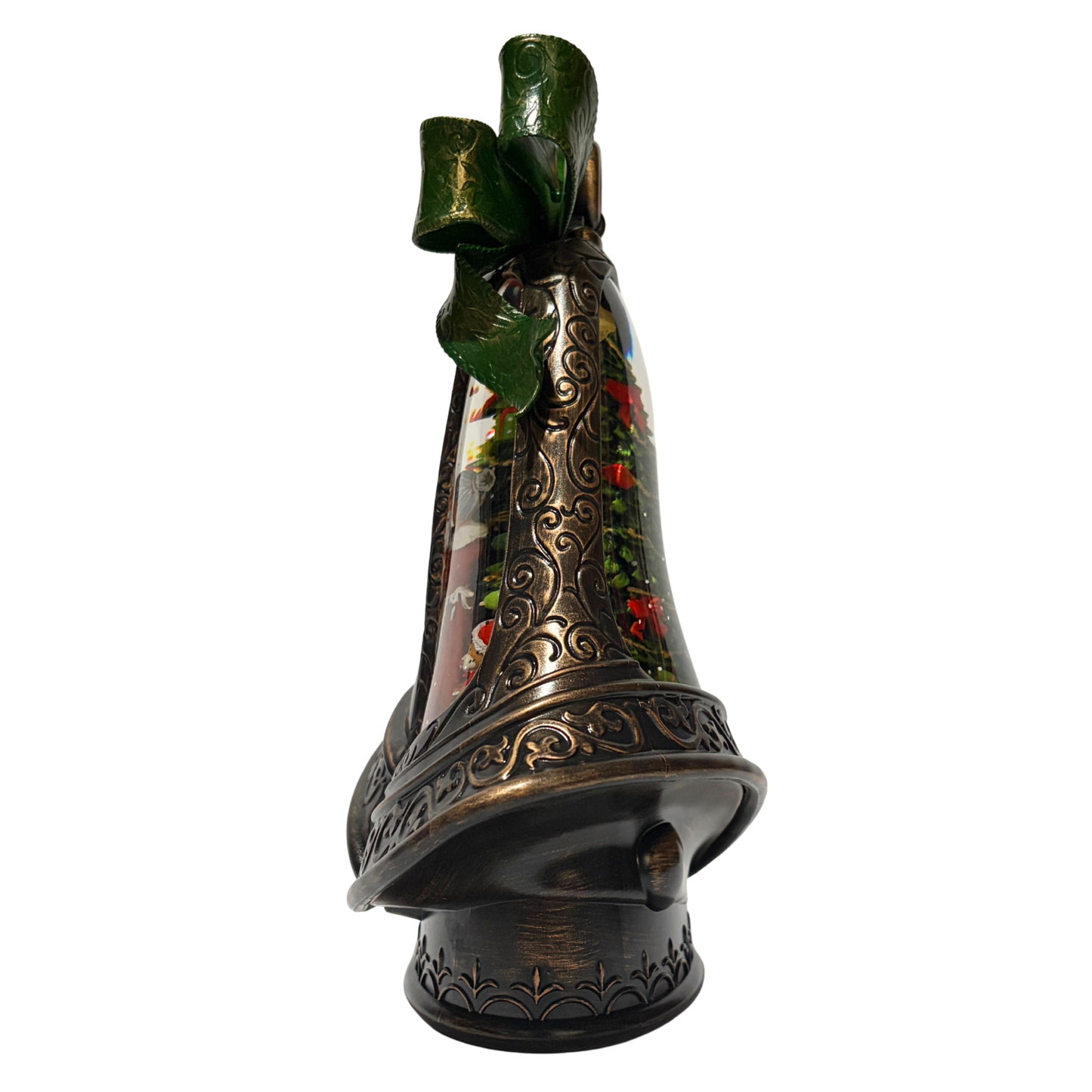 Light up bell snow globe featuring Santa and Mrs Claus with Christmas tree and green bow