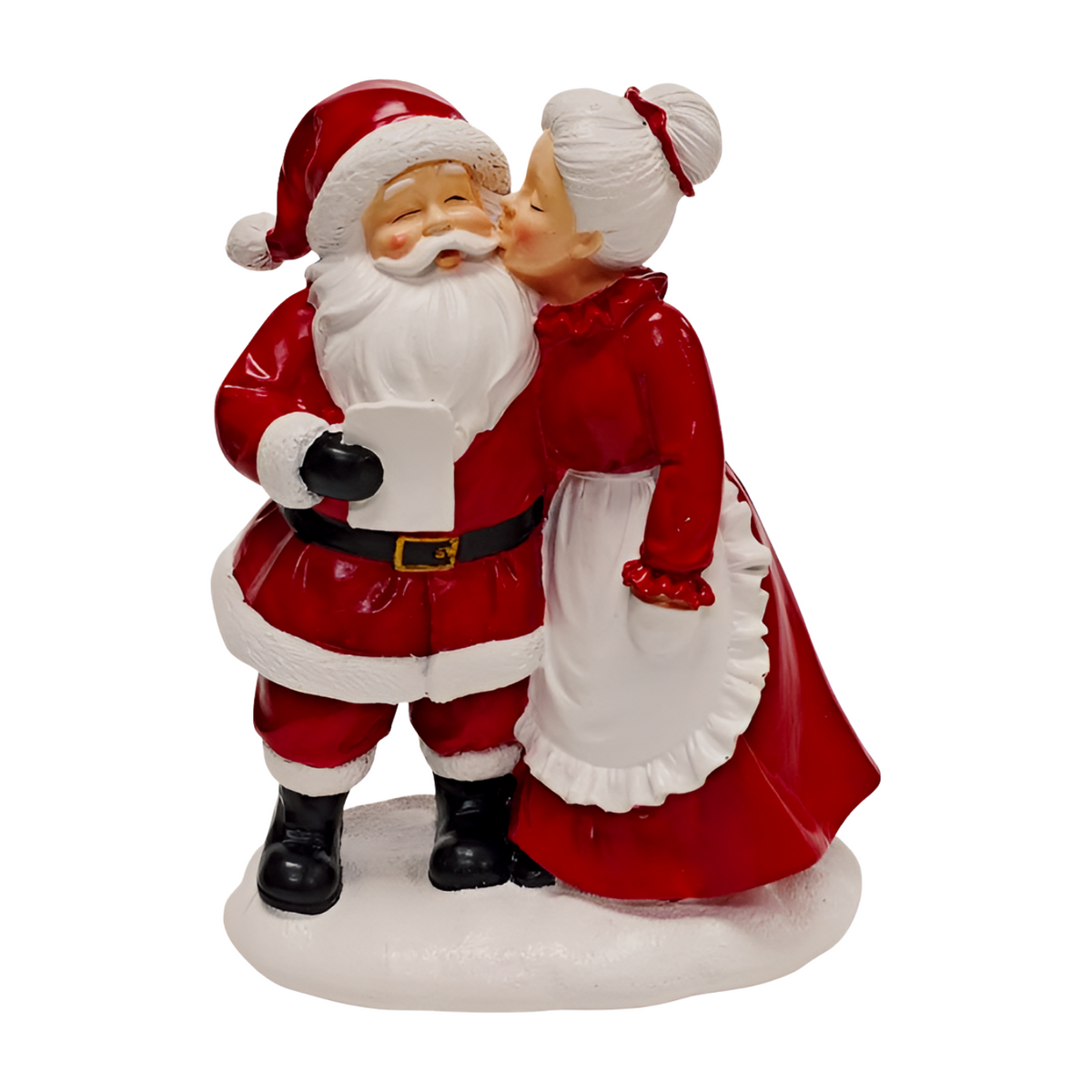 Mr and Mrs Claus figurine with Santa holding his list while Mrs Claus gives him a kiss