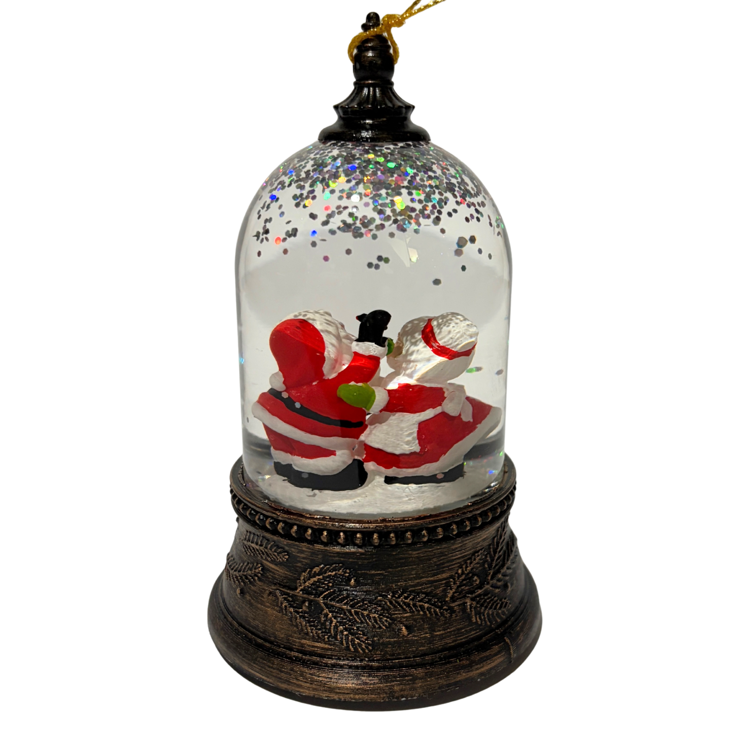 Mini lantern with Santa and Mrs Claus inside a glass dome with swirling glitter and a bronze base