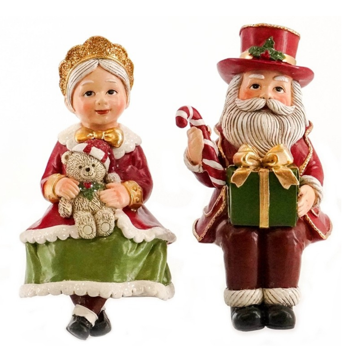 Mr and Mrs Claus traditional shelf sitter pair with red and green outfits, teddy bear, candy cane and gift