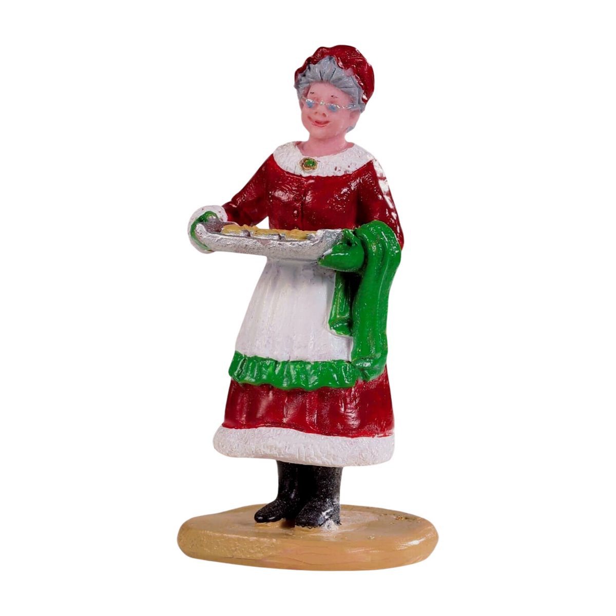 Lemax Mrs. Claus figurine in red dress and white apron, holding a baking tray with cookies and a green cloth 