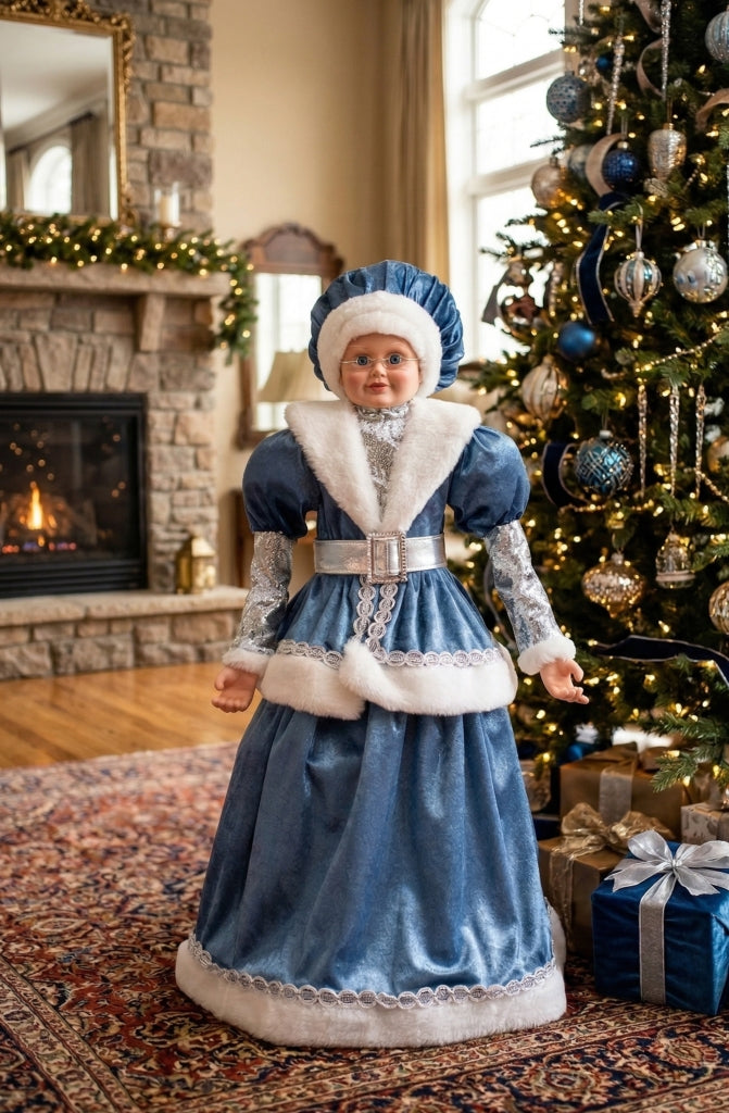 Mrs Claus figurine in blue velvet dress with white fur trim and silver belt