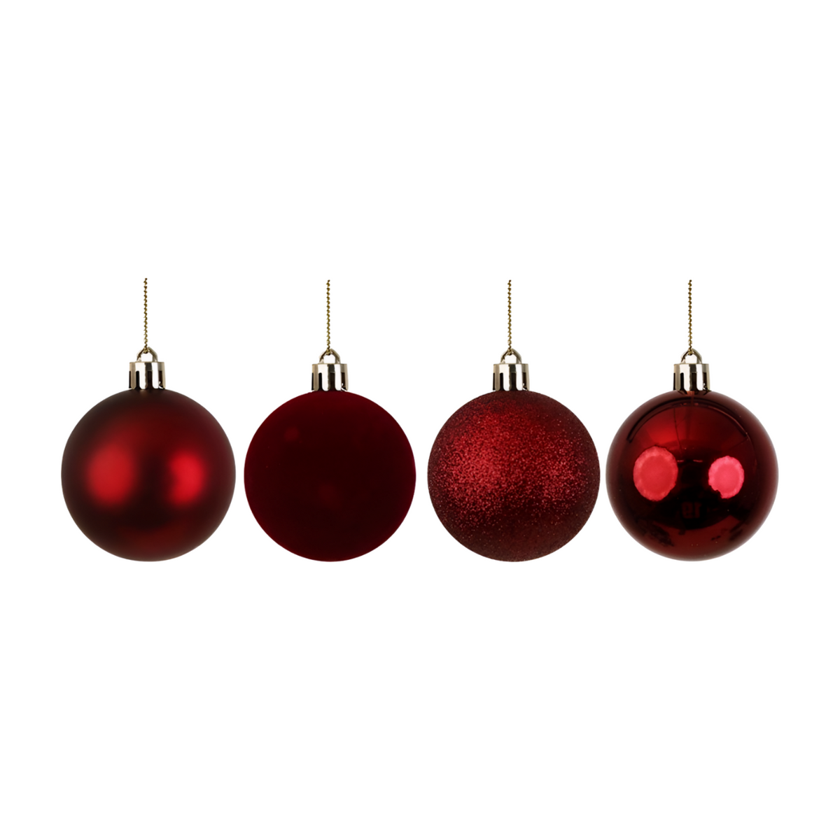 Set of four mulberry red Christmas baubles in matte, satin, glitter, and glossy finishes hanging on white background