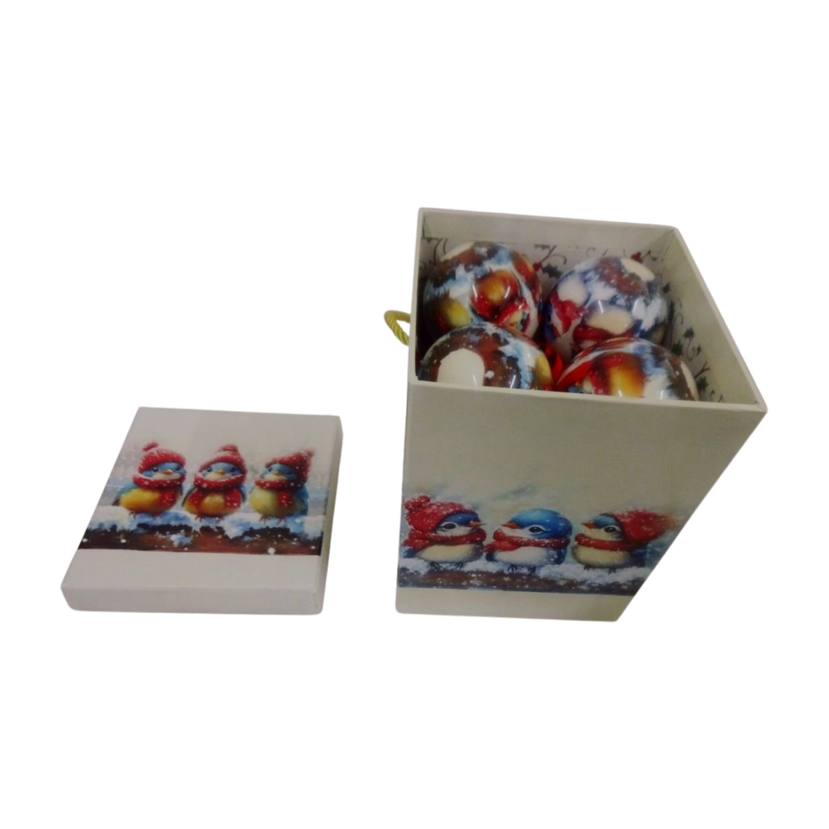 Musical gift box decorated with three birds in scarves and hats on a snowy branch, with matching Christmas baubles inside