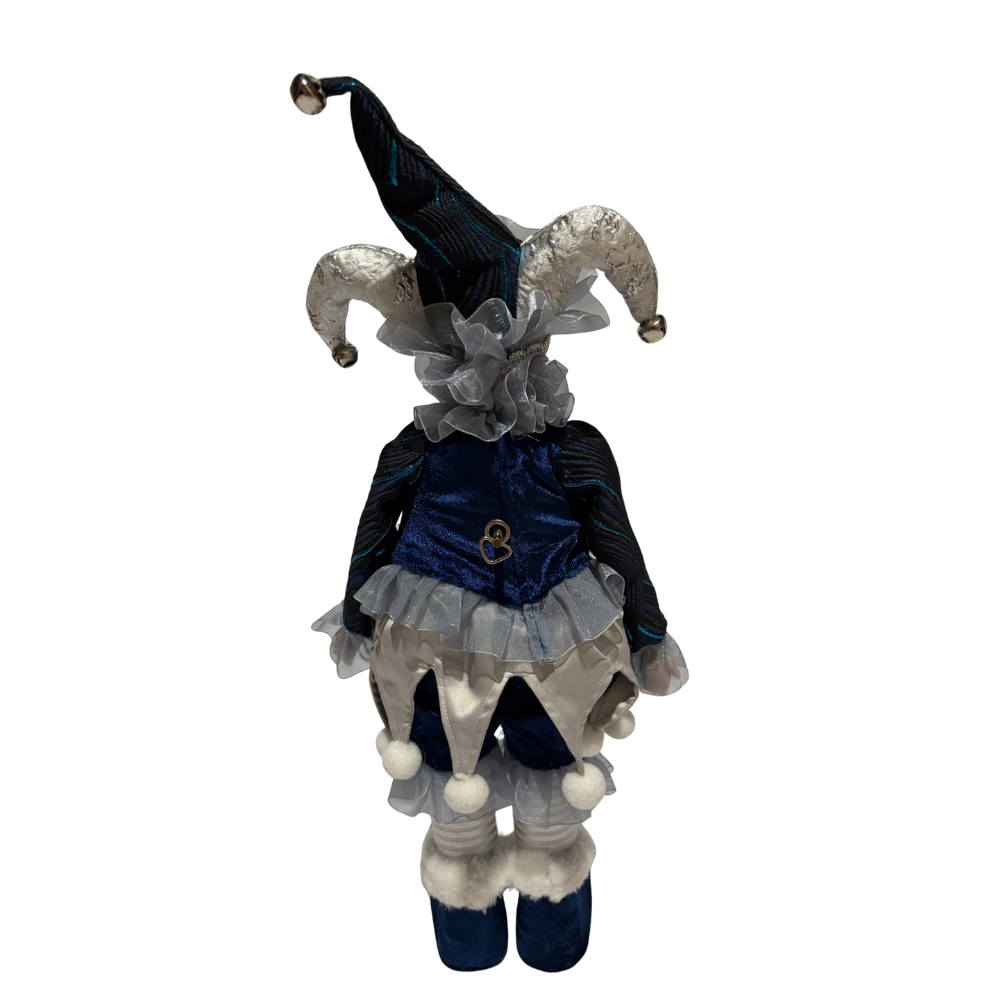 Musical jester doll dressed in blue and silver with a jester hat, lace collar, and festive detailing