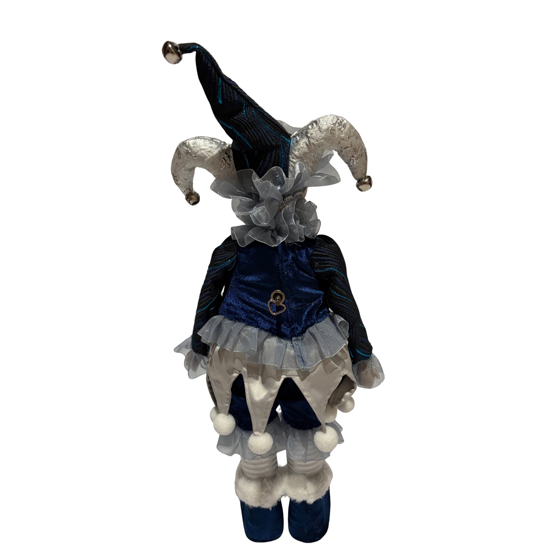 Musical jester doll dressed in blue and silver with a jester hat, lace collar, and festive detailing