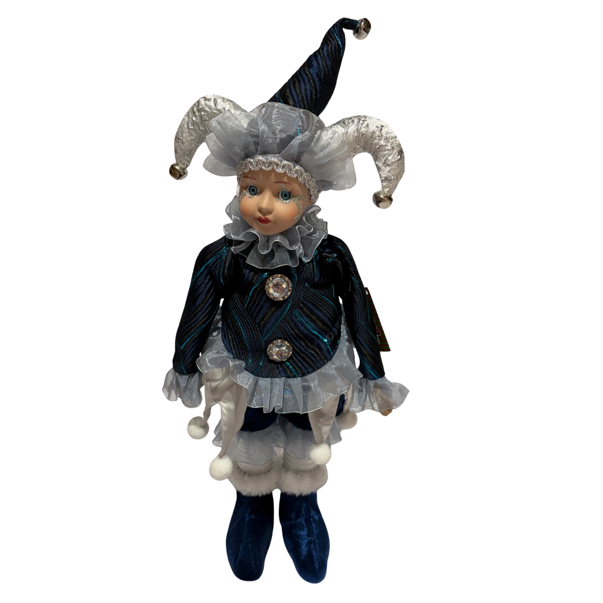 Musical jester doll dressed in blue and silver with a jester hat, lace collar, and festive detailing
