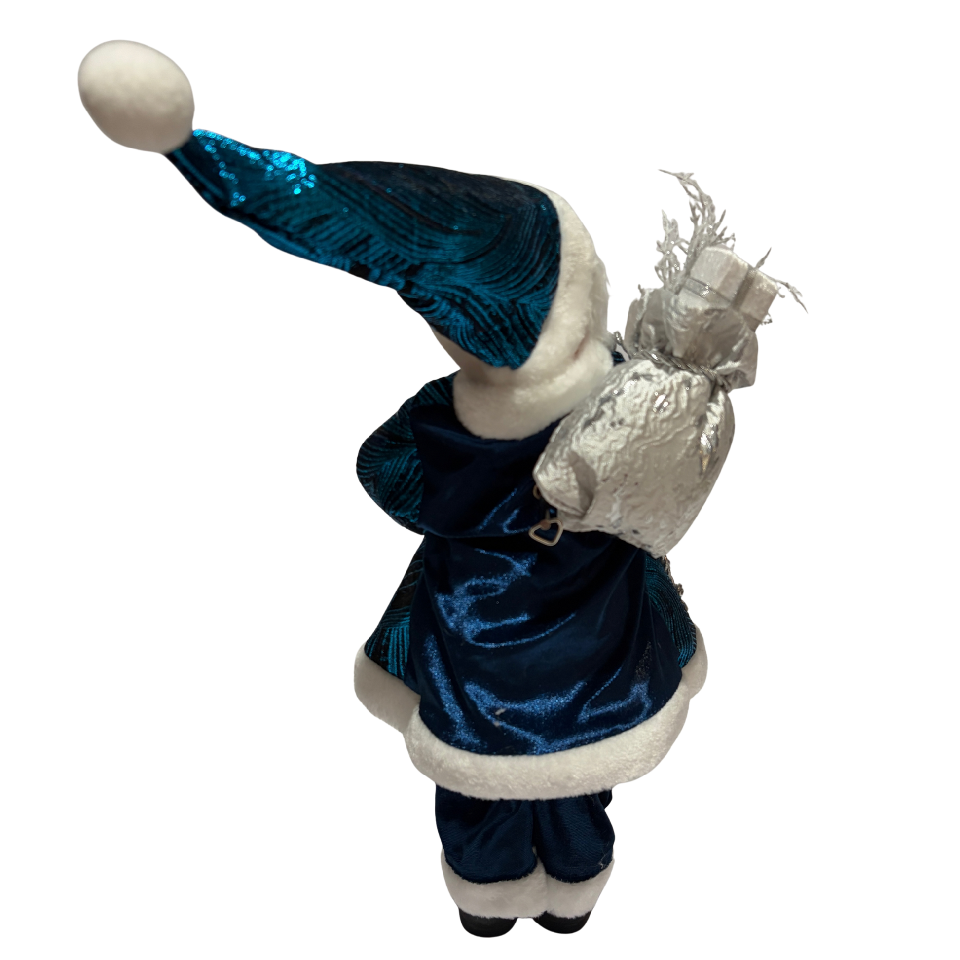 Musical Santa dressed in blue and silver with a silver gift sack and white faux fur trim