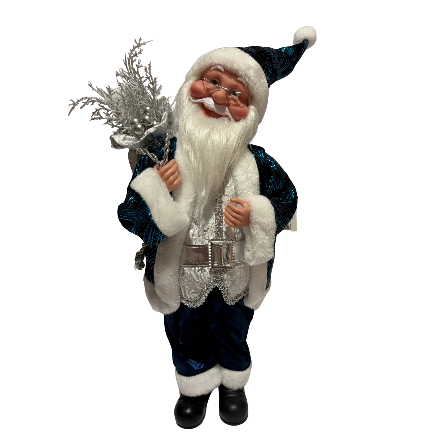 Musical Santa dressed in blue and silver with a silver gift sack and white faux fur trim