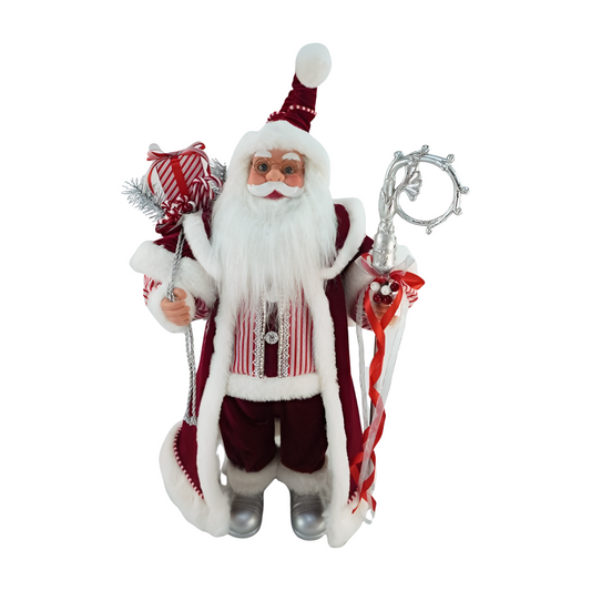 Musical Santa wearing a red velvet coat, white fur trim and striped vest, holding a silver staff and candy cane–striped sack