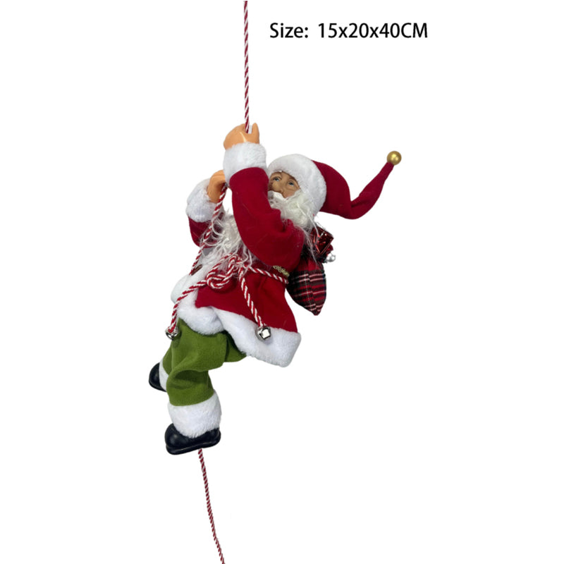 Santa Claus climbing a red-and-white rope wearing a red coat, green trousers, and a pointed hat with a gold bell