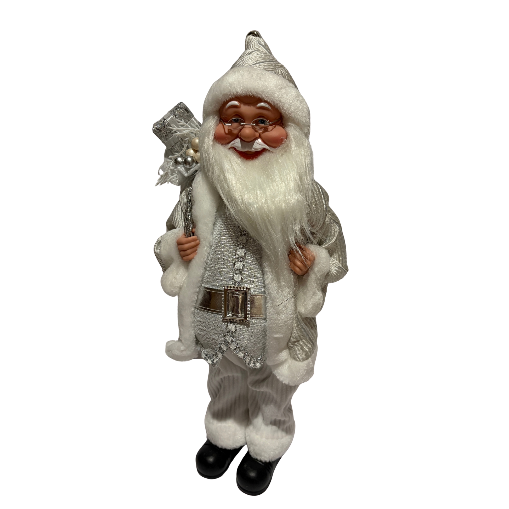 Musical Santa dressed in white with a gift sack and silver accents