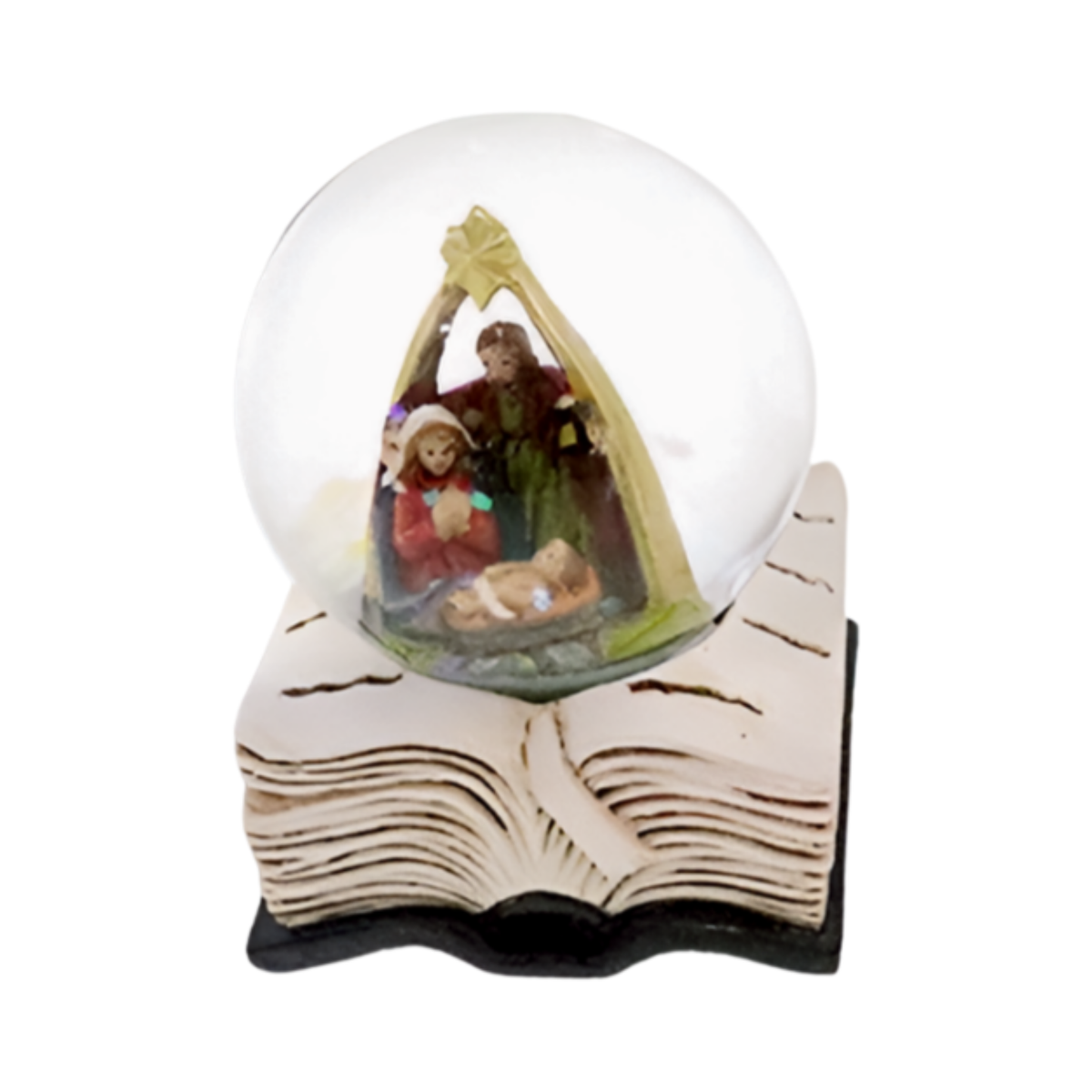 Nativity scene snow globe with Mary, Joseph and baby Jesus under a stable on a Bible base