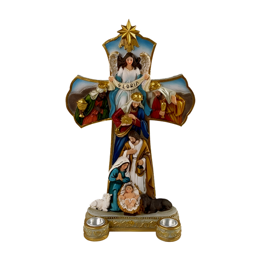 Nativity cross with Mary, Joseph, baby Jesus, Three Wise Men, Gloria angel and gold star, with two tealight holders at base