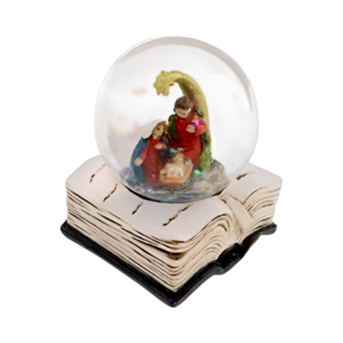 Nativity scene snow globe with Mary, Joseph and baby Jesus on a whitewashed open Bible base
